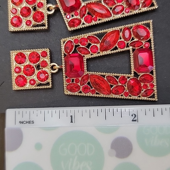 Gold Geometric Rhinestone Drop Earrings Multiple Colors - Picture 7 of 9